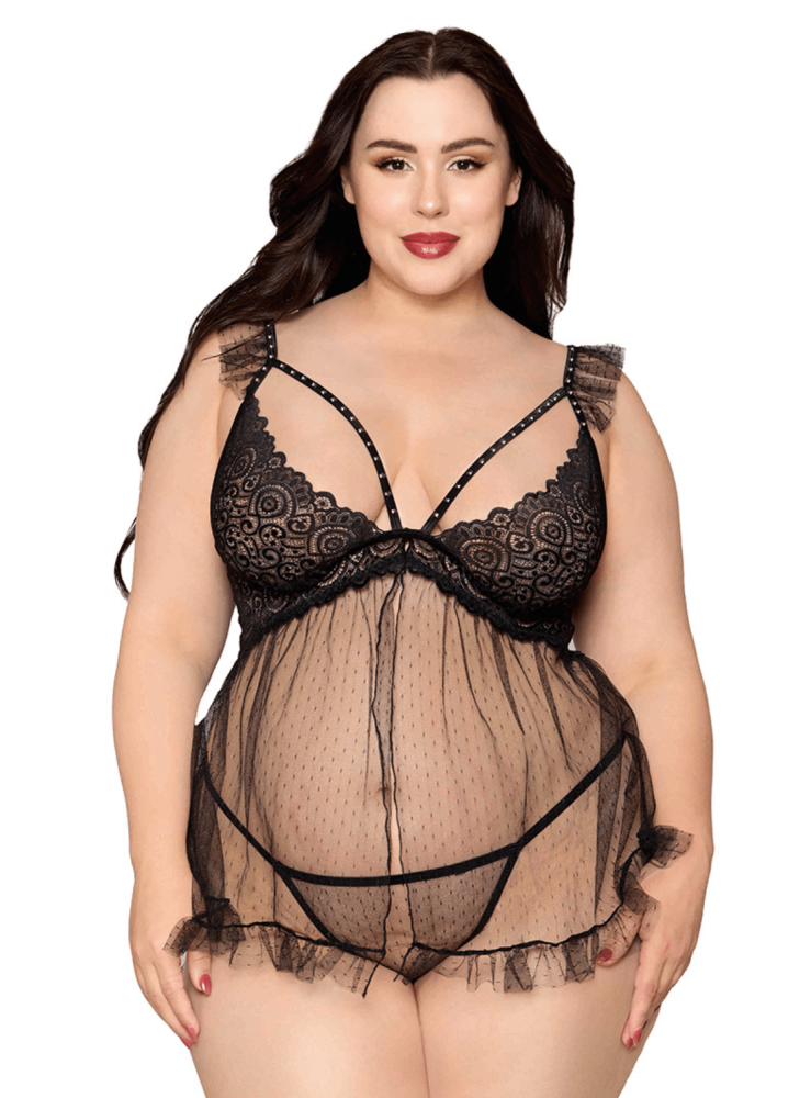 Babydoll grande taille noir et string assorti - DG13694XBLK